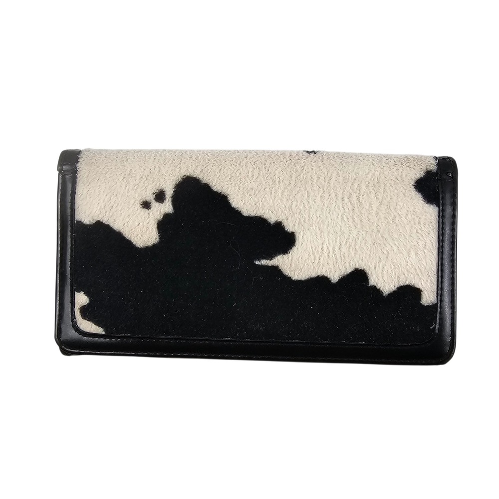 Womens Cow Print Faux Fur Trifold Wallet Blackโ White Animal Pattern Organizer